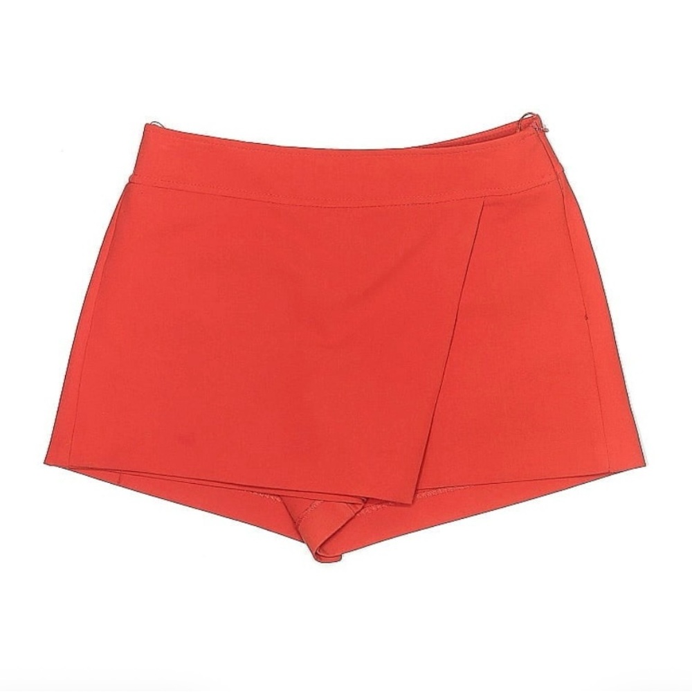 Zara Red Skort-Style Shorts with Asymmetrical Overlay